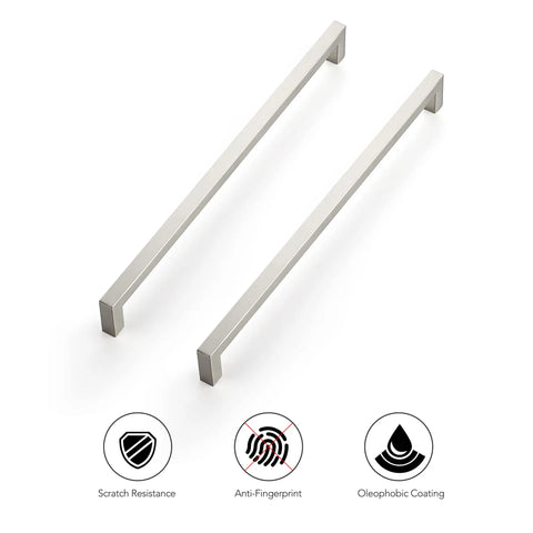 10 Pack Twelve And Three Fifths Inch Square Kitchen Cabinet Handles Satin Nickel Brushed Nickel Pulls For Cupboards And Drawers Easy Center To Center Installation Durable Modern Kitchen Cabinet Hardware showing scratch resistance, anti-fingerprint, and oleophobic coating.