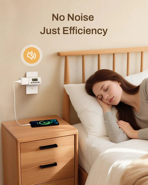 Indoor Digital Timer Outlet With 24 Hour Scheduling in bedroom setting, powering a phone on a nightstand, next to sleeping woman