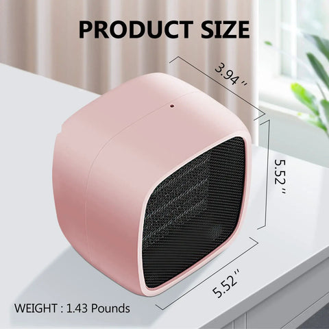 Portable Ceramic Space Heater 1000W 800W With Quick Heat In 2 Seconds, Super Quiet 50dB Desk Heater For Office Or Home, Compact Safe Indoor Use Pink Color, dimensions and weight shown on desk
