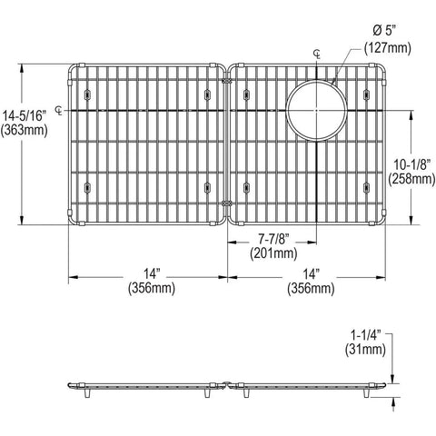 Diagram of Stainless Steel Bottom Grid For Kitchen Sink, Custom Fit 28 1/4 x 14 5/16 x 1 1/4 Inches with measurements.