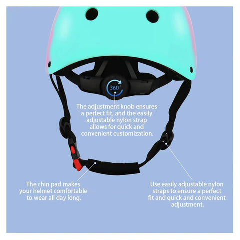 Back view of Color Gradient Adjustable Kids Bike Helmet With Knee And Elbow Pads Set. Focus on adjustable nylon straps.
