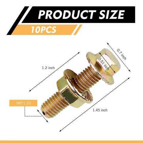 10 Piece Car Flange Bolts Kit M8 Flange Bolts High Carbon Steel Rustproof Hex Nut Screws Flange Manifold Bolt On Kit Replacement For Most Cars Trucks SUVs Gold Finish, single bolt with dimensions