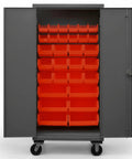 Rock Solid Industrial Mobile Steel Storage Cabinet 36 X 24 X 81 Inches Heavy Duty with 30 Red Sorting Bins inside, organized.