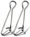 Front view: two stainless steel fishing snap clips with swivels; 2-pack