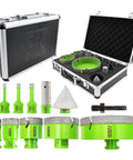 Open metal case containing FACHLICH 11-piece diamond core drill set with green annular cutters and bevel bits.