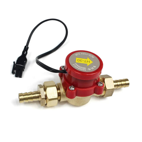Water Flow Sensor Switch HT-30 for CO2 Laser Protection, AC 0-110V, shown with brass G 3/4 inch thread and nozzles.
