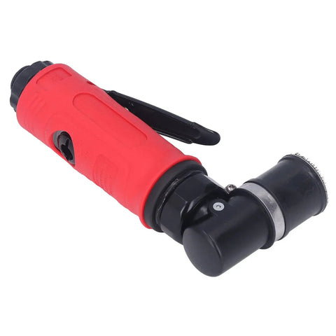 Heavy Duty Pneumatic Die Grinder Pulling Serious Power At 15000 Rpm with red rubber grip and black metal head for metal removal.