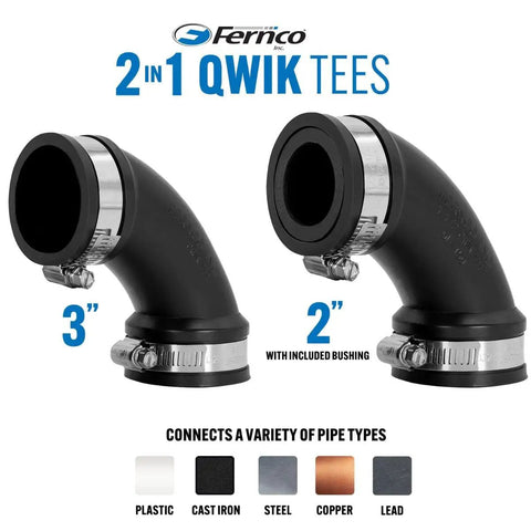 3 Inch Flexible PVC 90 Degree Elbow With Optional 2 Inch Reducer Bushing For DWV Cast Iron Steel And Plastic Pipe Connections Pro Approved Easy Drain Fix, shown with 3 and 2 inch sizes