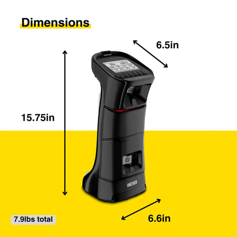 Eye Mini Golf Launch Monitor And Indoor Outdoor Simulator with 19 Precision Metrics, dimensions shown, 7.9 lbs