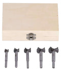 5-piece hinge hole drill bit set for woodworking with a wooden storage box