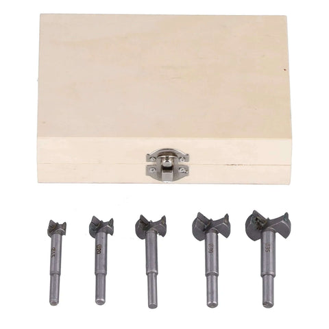 5-piece hinge hole drill bit set for woodworking with a wooden storage box