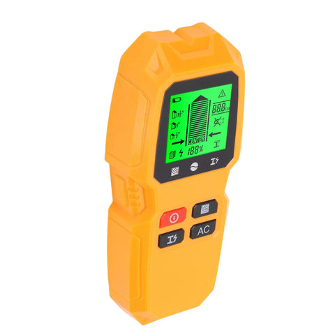 Jiawu Stud Finder LCD Display Electrician Wire Scanner for Hanging Shelves or Mounting TVs, showing green display and buttons.