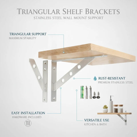 Stainless Steel Triangular Shelf Brackets For Wall Mounts Beefy Heavy Duty Kitchen And Bathroom Shelves Level And Secure Support