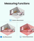Illustration of distance, area, and volume measuring functions using Super Handy 16 Ft Digital Tape Measure With 6 Metric And Imperial Units