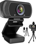 1080P HD Webcam With Built In Microphone And Sturdy Tripod, showing full glass lens and adjustable mount for video calls.