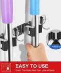 Two Pack Wall Mounted Broom And Mop Holder Set Stainless Steel Stick On Heavy Duty Hooks Storage Organizer with mop handles