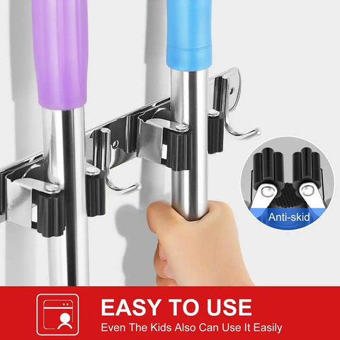 Two Pack Wall Mounted Broom And Mop Holder Set Stainless Steel Stick On Heavy Duty Hooks Storage Organizer with mop handles