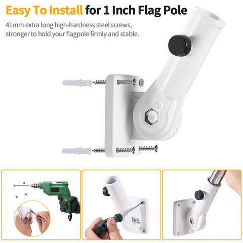 Built Tough 1 Inch Flag Pole Wall Mount Bracket With Secure Hardware Kit 180 Adjustable Premium Aluminum, showing installation with screws.