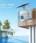 6W Solar Powered Outdoor Security Cam mounted near pool area showing tilt and pan capabilities, 2K 3MP video quality, IP66 weatherproof.