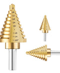 Titanium Coated HSS Step Drill Bit Set With Ten Sizes From One Quarter Inch To One And Three Eighths Inch Self Centering 118 Degree Split Point Dual Flute Unibit For Drilling Metal And Plastic Sheets, front and side view