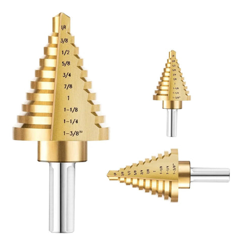 Titanium Coated HSS Step Drill Bit Set With Ten Sizes From One Quarter Inch To One And Three Eighths Inch Self Centering 118 Degree Split Point Dual Flute Unibit For Drilling Metal And Plastic Sheets, front and side view