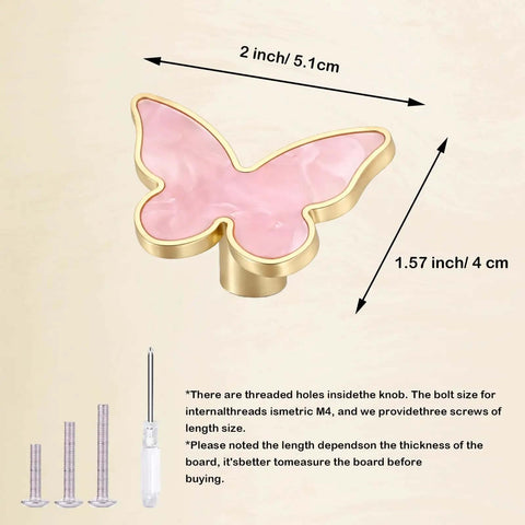 Gold Cabinet Knobs Set For Dresser Drawers And Closets, butterfly shaped pink brushed bow, metal door handle with screws