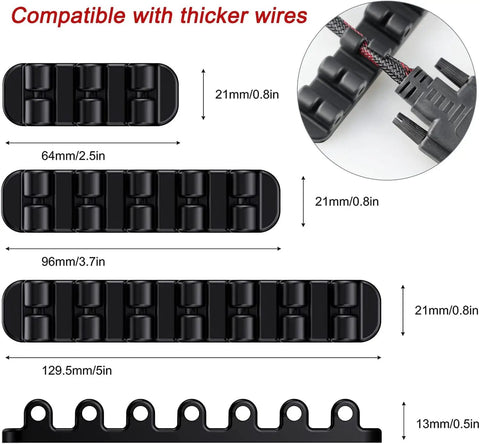Upgraded Silicone Cable Clips Holder Self Adhesive Cord Management Organizer showing sizes in 3 Slot, 5 Slot, 7 Slot, Black