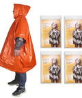 4 Pack Emergency Ponchos With Reversible Orange And Reflective Silver Hooded Heat Retention Mylar, person wearing orange poncho