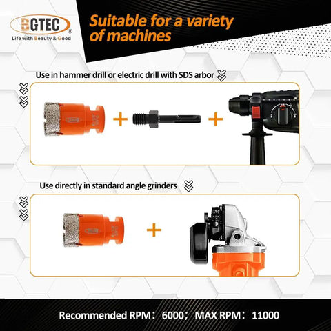 Diamond Hole Saw Kit With 12 Diamond Bits 5/8-11 Thread And SDS Adapter shown with hammer drill and angle grinder