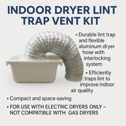 Indoor Dryer Lint Trap Vent Kit with 48 Inch Flexible Aluminum Hose and Interlocking System on white surface