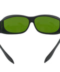 No Nonsense Laser Protective Goggles With Boss Level OD4 Shielding For Blue And IR Waves Built Tough Lab Eyewear, front view with green lenses.