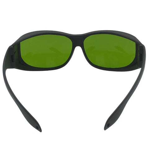 No Nonsense Laser Protective Goggles With Boss Level OD4 Shielding For Blue And IR Waves Built Tough Lab Eyewear, front view with green lenses.