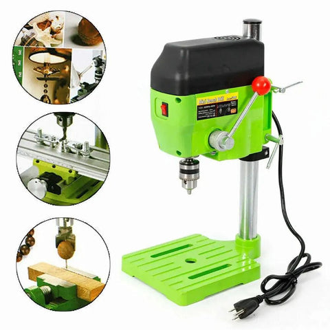 Powerful 480W Mini Bench Drill Press Machine With Dual Speed Settings Up To 11000 RPM for precise drilling in wood, plastic, and metal.