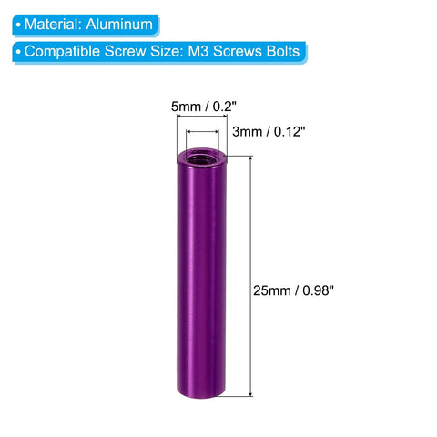 6 Pack Heavy Duty M3 Threaded Standoff Spacer Nuts In Purple Aluminum For Electronics Mods and DIY Rig Builds Offering Solid Support With 1/8 Inch ID 3/16 Inch OD And 1 Inch Length To Raise And Lock Parts With No Slop, showing a single purple aluminum standoff with dimensions.