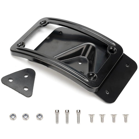 Curved Laydown License Plate Mount With Frame For 4x7 Plates Black Finish Is Designed For 3 Bolt Mount Brackets with screws displayed