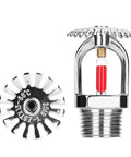 Badass Heavy Duty Upright Fire Sprinkler Heads Two Pack Slick Chrome Plated Copper With K80 Quick Response and Easy One Half Inch NPT Threading For Smooth Install And Dependable Top Shelf Protection In Warehouses Factories showing chrome finish and quick response mechanism.