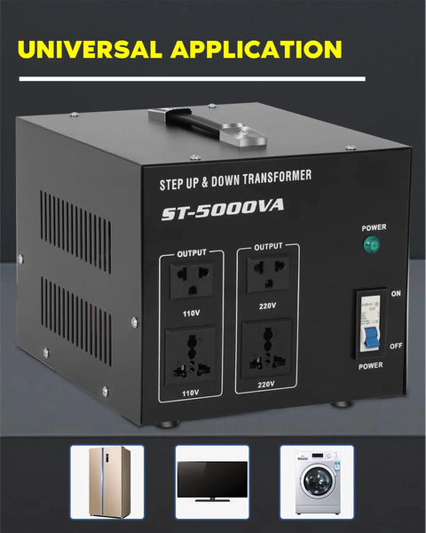 Image of Beefy 5000W Voltage Transformer Converter with dual grounded outputs and detachable cord for 110V to 220V step up and down.