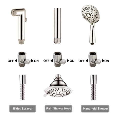 Brushed-nickel shower kit: valve with lever, handheld shower head, rain head, three angle stop valves, and two hoses.