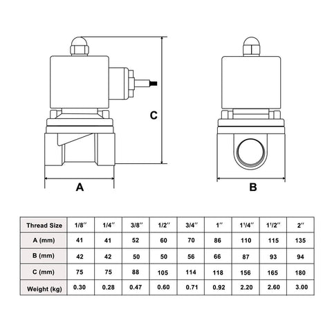 Dimensional diagram of Half Inch Stainless Steel Electric Solenoid Valve 24V DC Normally Closed Viton Seals For Water Air Fuel Systems
