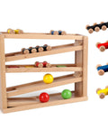 Wooden Race Track Ramp Toy For Toddlers 5 Level Car Ramp Set with 4 wood cars and 3 colorful balls on display
