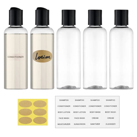 TSA Approved Travel Bottles 3.4 Oz On The Go Friendly 5 Pack Leak Proof Squeezable Clear Plastic Containers With Labels For Shampoo Lotion And Gel Perfect For Flights Cruises And Gyms