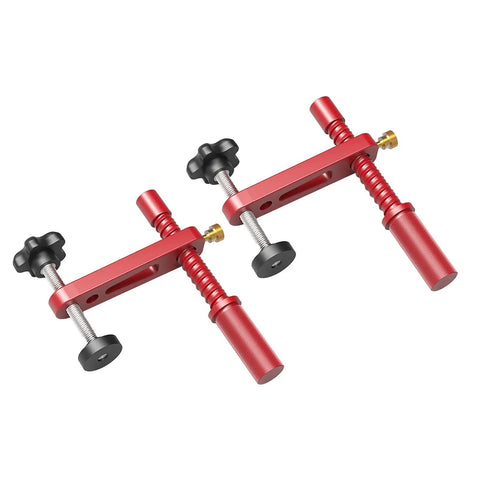 Two Pack Adjustable MFT Bench Clamp For Woodworking, 19mm Aluminum Dog Hole Clamp, red CNC machined clamps on white background