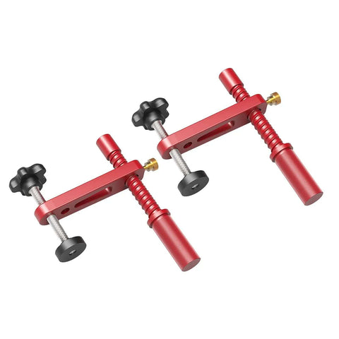 Two Pack Adjustable MFT Bench Clamp For Woodworking, 19mm Aluminum Alloy Dog Hole Clamp with red CNC machined body and black knobs.