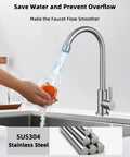 Level Up Your Kitchen Setup With This Top Shelf Cold Water Only Faucet Crafted From Lead Free SUS304 Stainless Steel Featuring A Smooth 360 Degree Swivel And Durable Brushed Nickel Finish. A hand holding an orange under the sleek stainless steel faucet.
