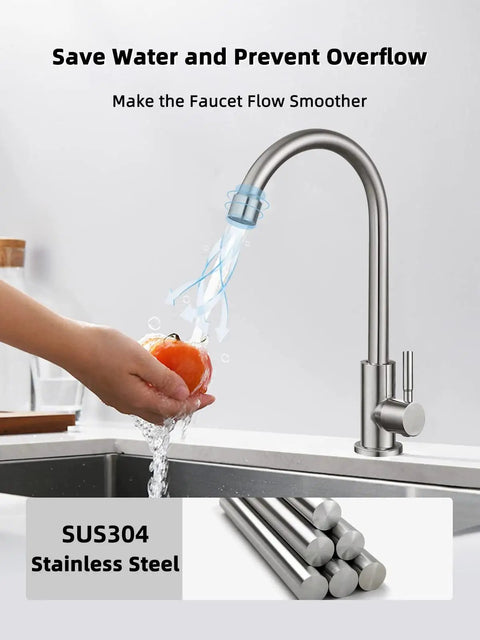 Level Up Your Kitchen Setup With This Top Shelf Cold Water Only Faucet Crafted From Lead Free SUS304 Stainless Steel Featuring A Smooth 360 Degree Swivel And Durable Brushed Nickel Finish. A hand holding an orange under the sleek stainless steel faucet.