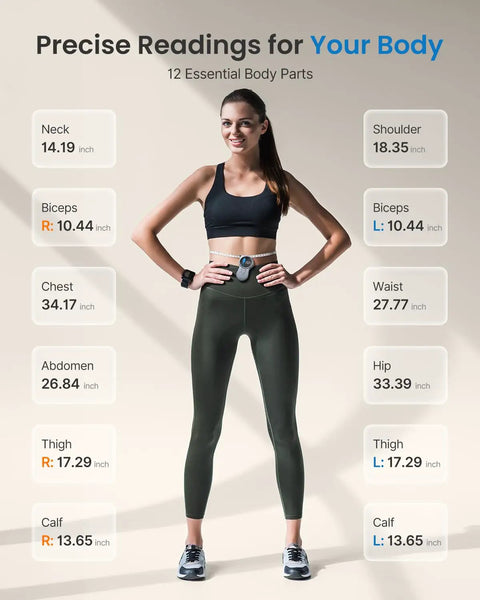 Woman using Big Display Bluetooth Smart Tape Measure For Fitness And Weight Loss, body measurements on screen