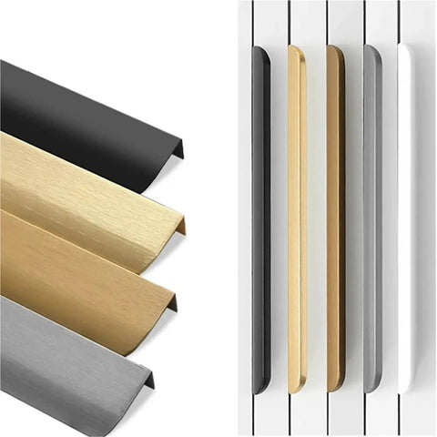 Hidden Cabinet Handles for Kitchen Cupboards in brushed bronze, black, and silver aluminum, 500mm length, modern design.