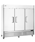 Pro Grade 60 Cu Ft Commercial Reach In Freezer Built Like A Tank With Three Door Setup showing stainless steel exterior and heavy-duty casters.