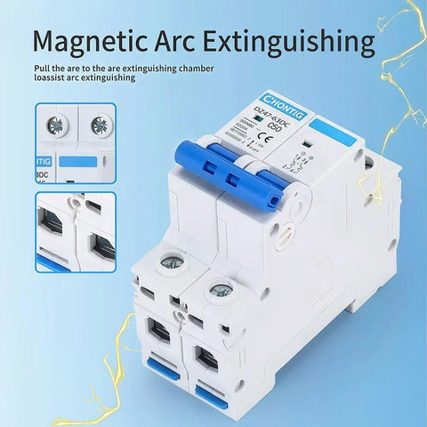 50 Amp Miniature DC Circuit Breaker 500V Two Pole Solar PV Disconnect Switch With Thermal Magnetic Trip DIN Rail Mount