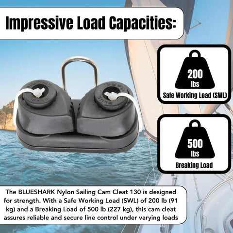 Rugged Nylon Sailing Cam Cleat 130 for line size 0.125 to 0.375 inch, designed for marine use with 200 lb SWL and 500 lb break.